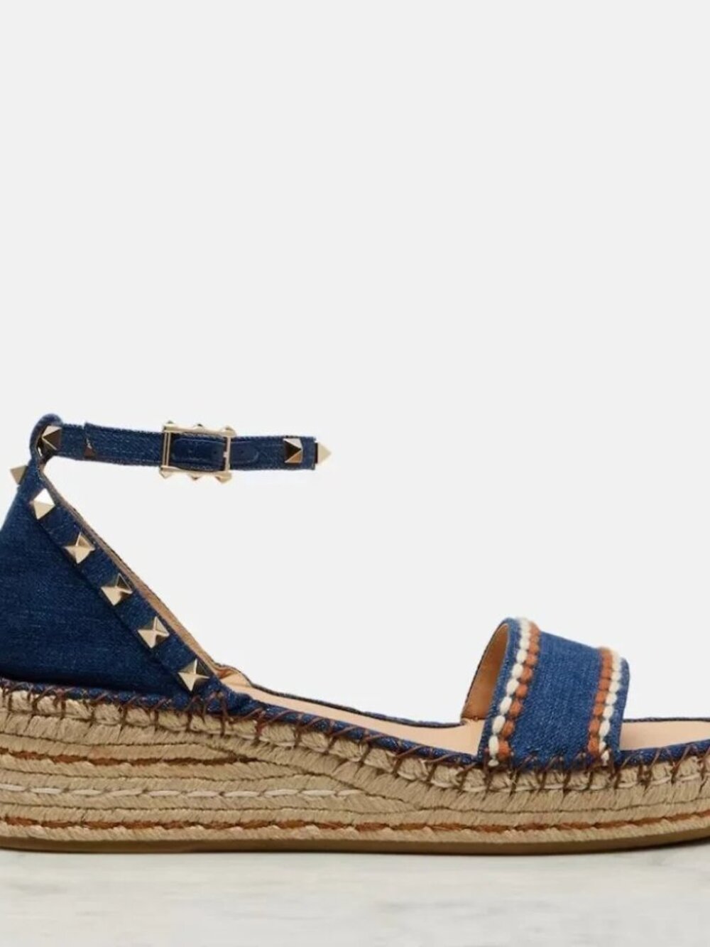 $950 Valentino Rockstud Denim Strap Double Platform Wedge Espadrille Size 37 / 7